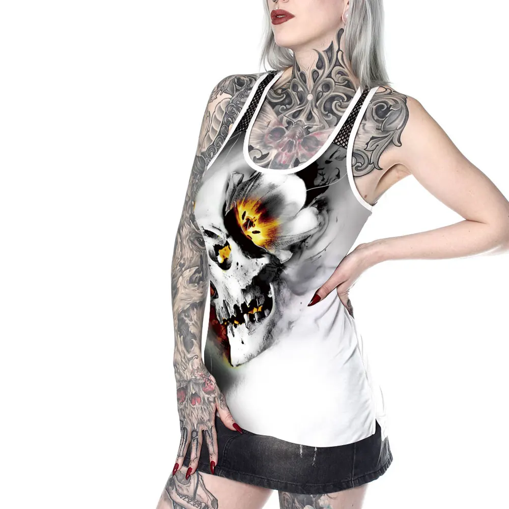 Новинка майка готический череп 3D принт жилет для женщин сетка сзади пэчворк без