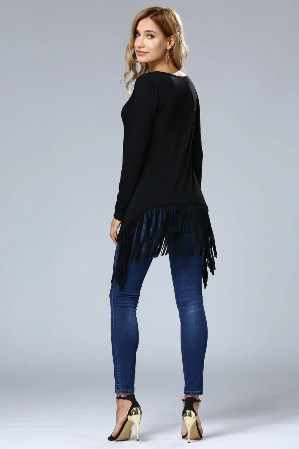 Free Shipping Black Casual Deep V-Neck Fringe Plain Long Sleeve T-Shirt For Women 3SZ60011 | Женская одежда