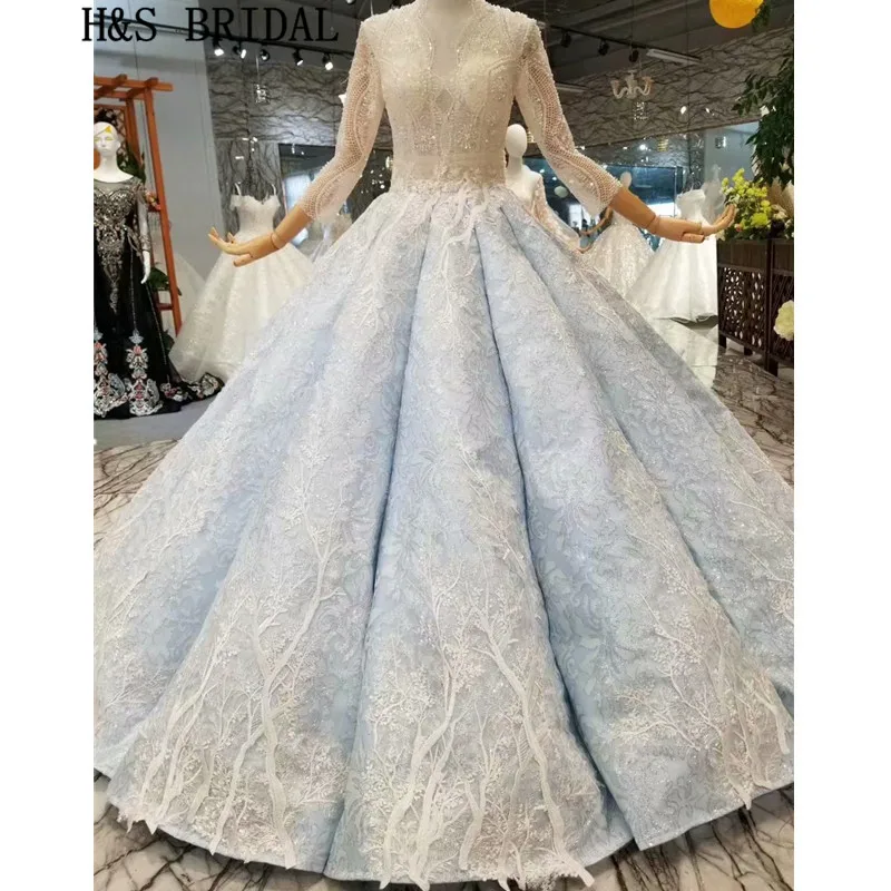 

Женское свадебное платье со шлейфом H & S, кружевное бальное платье с длинным рукавом, элегантное Прозрачное платье для невесты