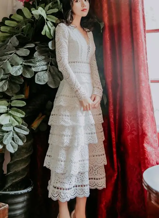

High Quality Best-selling Elegant Party Queen 2019 New Arrival V Collar Collect Waist Lace Woman Long Dress White