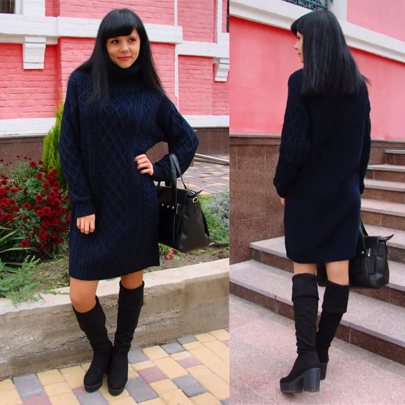 Knitted Winter Warm Dress 2017 Women Turtleneck Sweater White Dresses With Long Sleeve | Женская одежда
