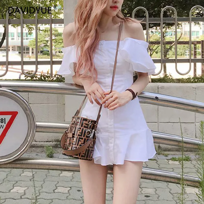 

2022 Summer boho off shoulder dress women buttions ruffle sexy vintage white beach dress elegant korean mini short dress