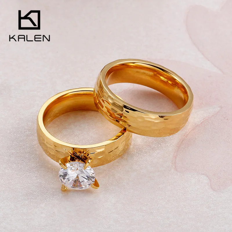 Kalen Lovers обручальные кольца кубические циркониевые кольца золотые из нержавеющей стали, волнообразный узор кольца подходят для женщин и мужчин пара обещаний ювелирные изделия