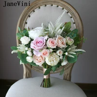janevini romantic light champagne wedding bouquets real touch artificial pink silk rose bridal big bouquets wedding accessories