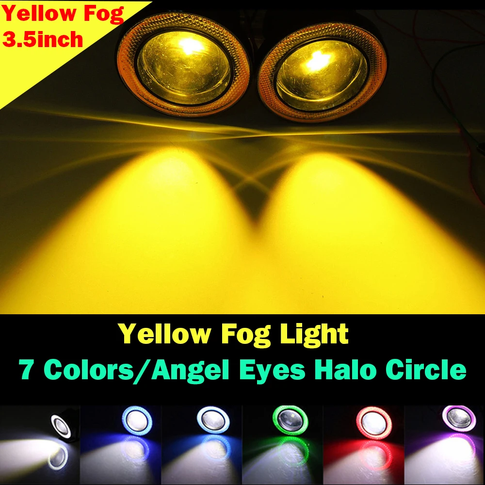 

2x 3.5"inch 3200Lm Projector high power Yellow LED fog light lamps with COB angel eyes halo Ring White Amber Green Blue Red Pink