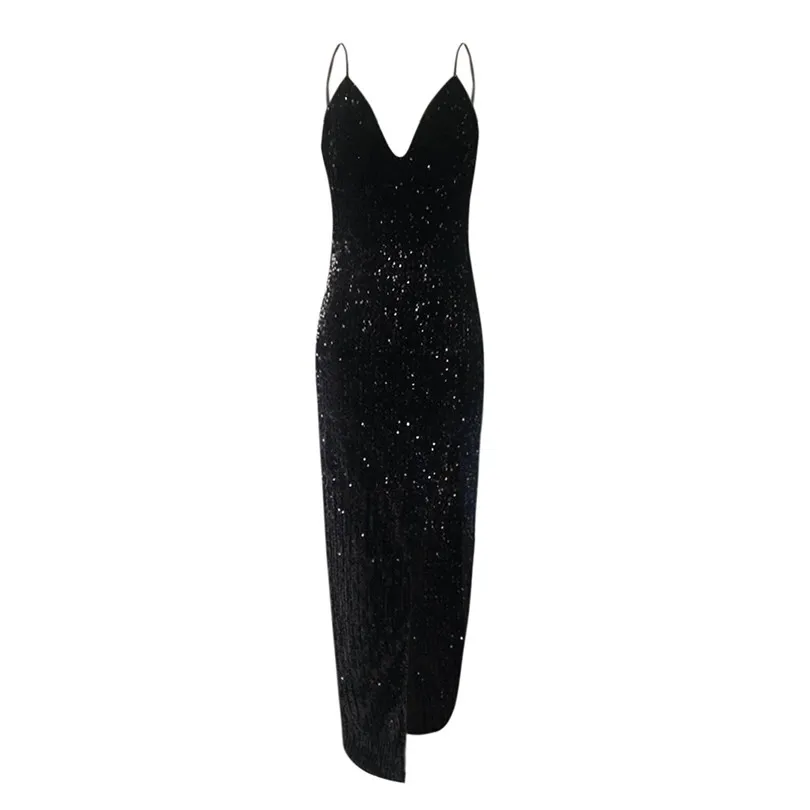 V Neck Party Dress Women Sleeveless Sexy Sequin Maxi Bondage Nightclub Solid Black Vestido De Festa Longo 40MR06 | Женская одежда