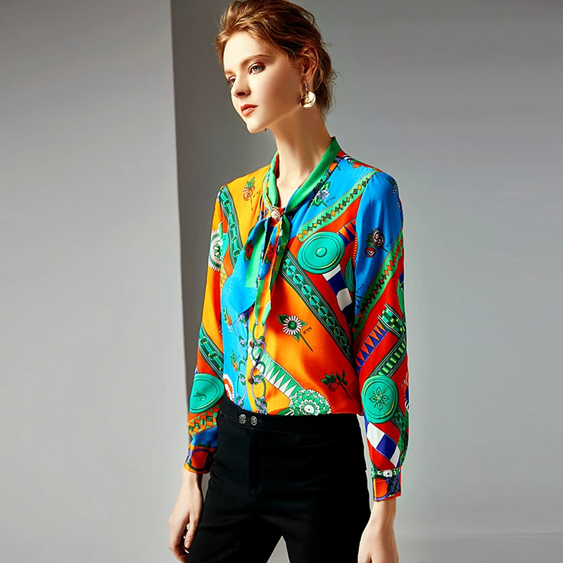 100% шелковая блузка женская рубашка Винтажная с принтом пуговица бант шея длинный