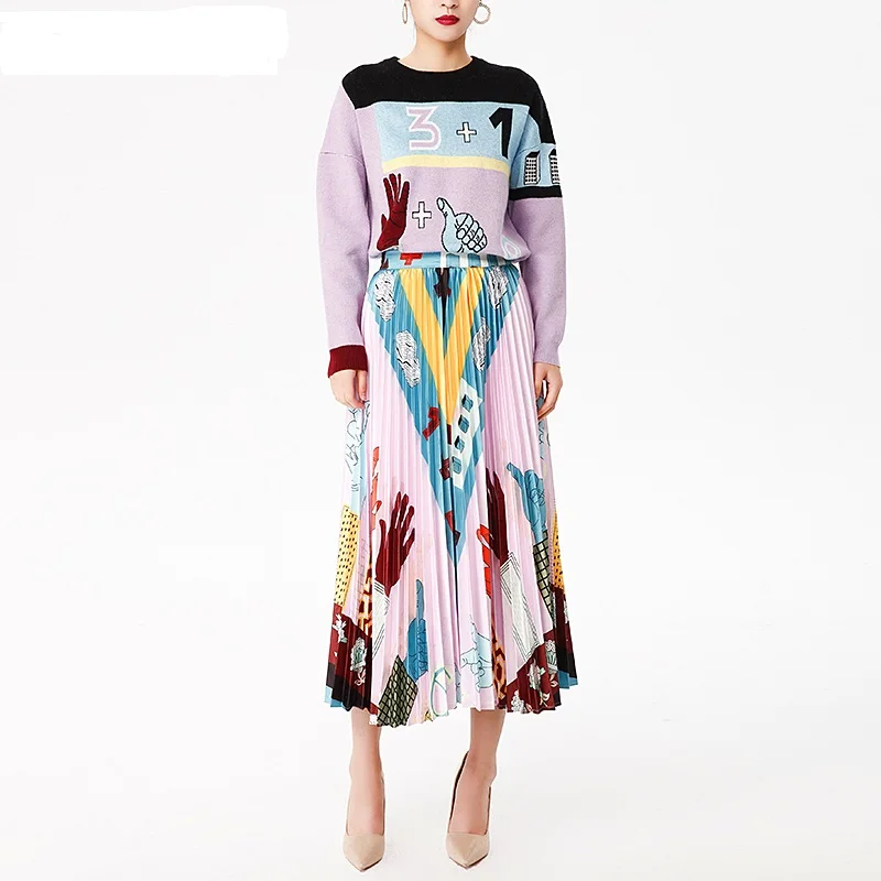 Женский трикотажный свитер и юбка европейский американский стиль Осень зима