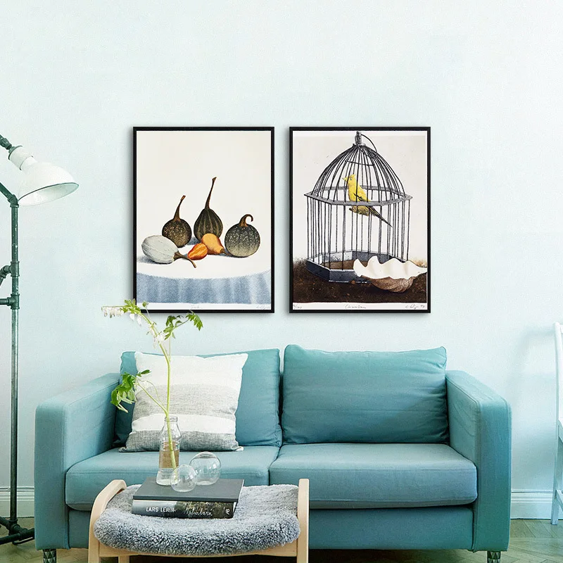 Картина маслом на холсте с изображением канареек и тыкв американской деревни