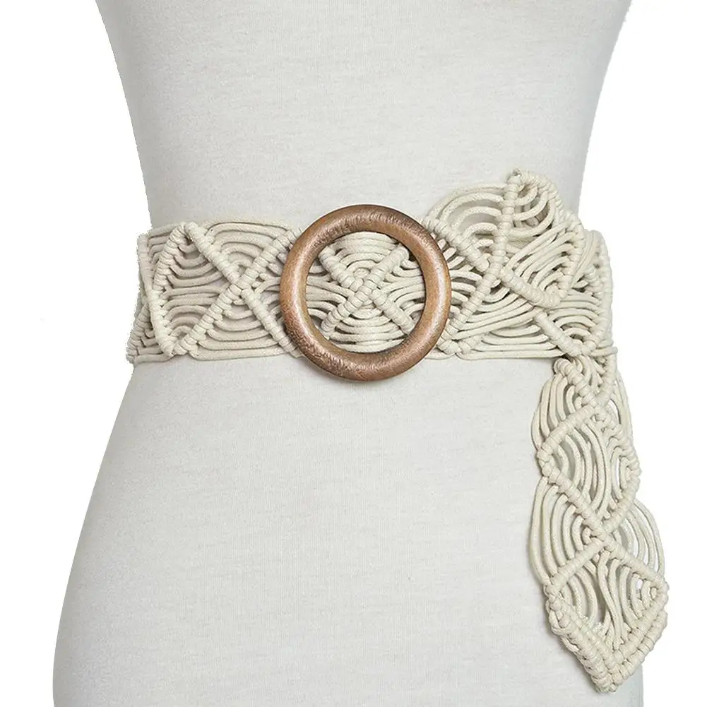 

11.11 Retro Round Wooden Buckle Handmade Braided Women Waistband Waist Strap simple New Circle Pin Buckles Belt Christmas Gift