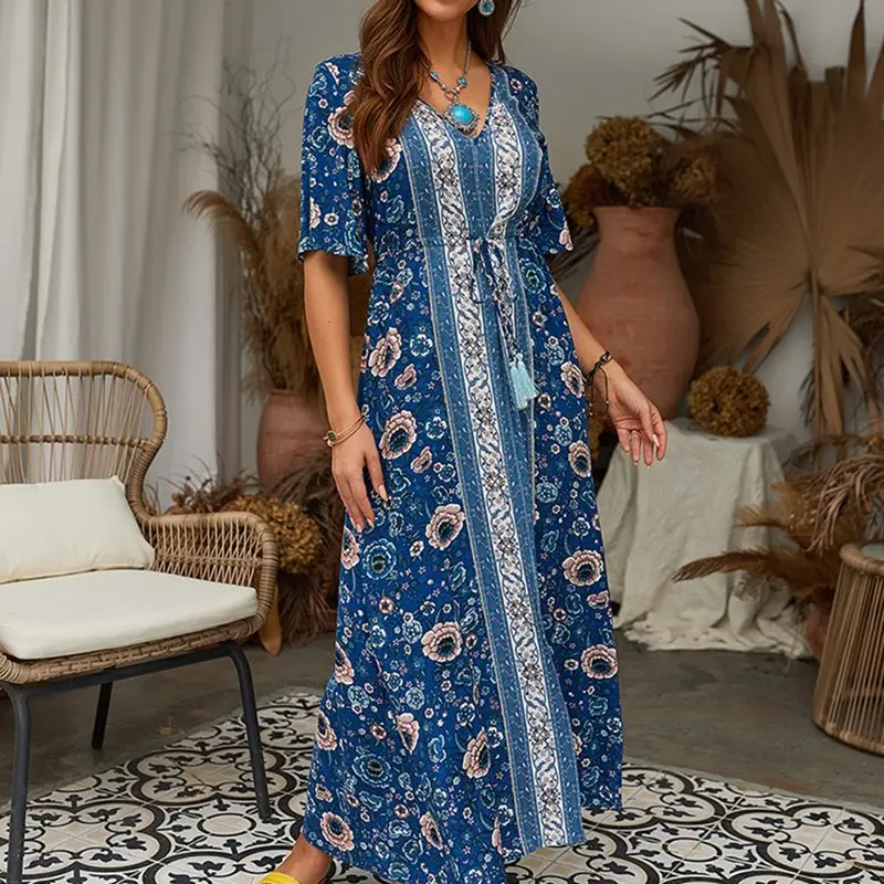 Женское платье макси с цветочным принтом Boho Элегантное летнее разрезом на