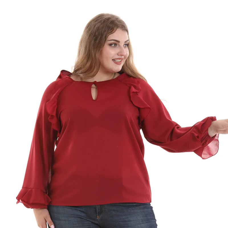 5xl 6xl корейский стиль Женская блузка с оборками длинным рукавом плюс размер