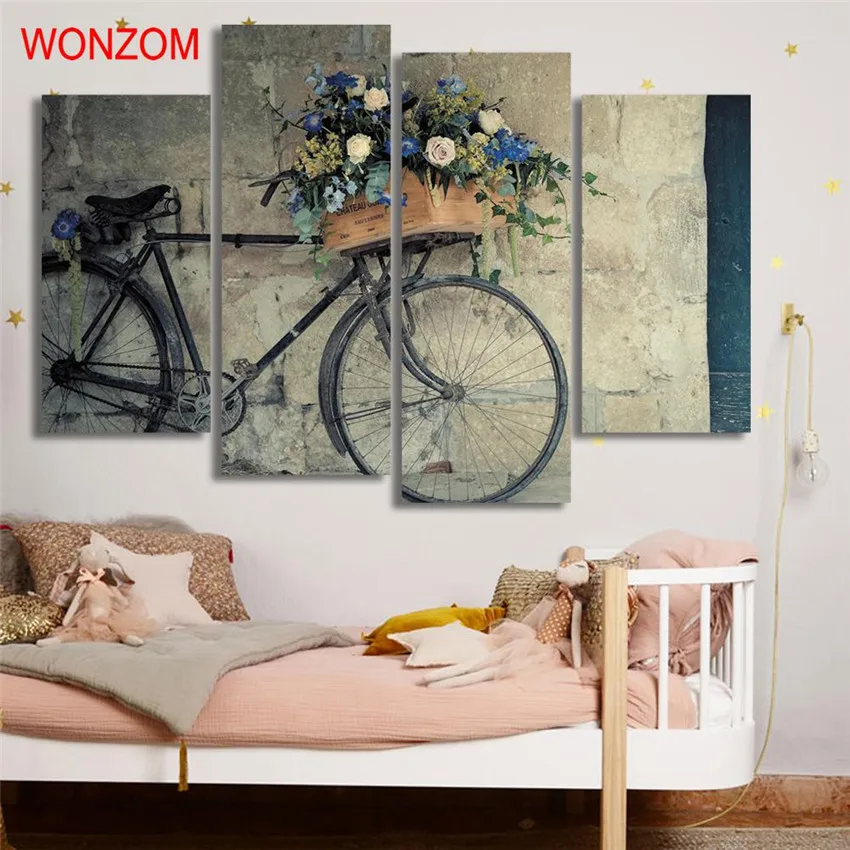 4Pcs Bike Basket Flowers Canvas Painting Modern On Cuadros Abstractos 2017 Wall Picture For Home Decoration Gift | Дом и сад