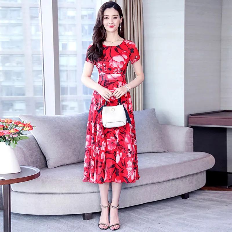 Women's Summer Dress 2019 New Printed Chiffon Dresses Slim Was Thin Bohemian Beach Female Round Neck Short Sleeve Vestidos G256 | Женская