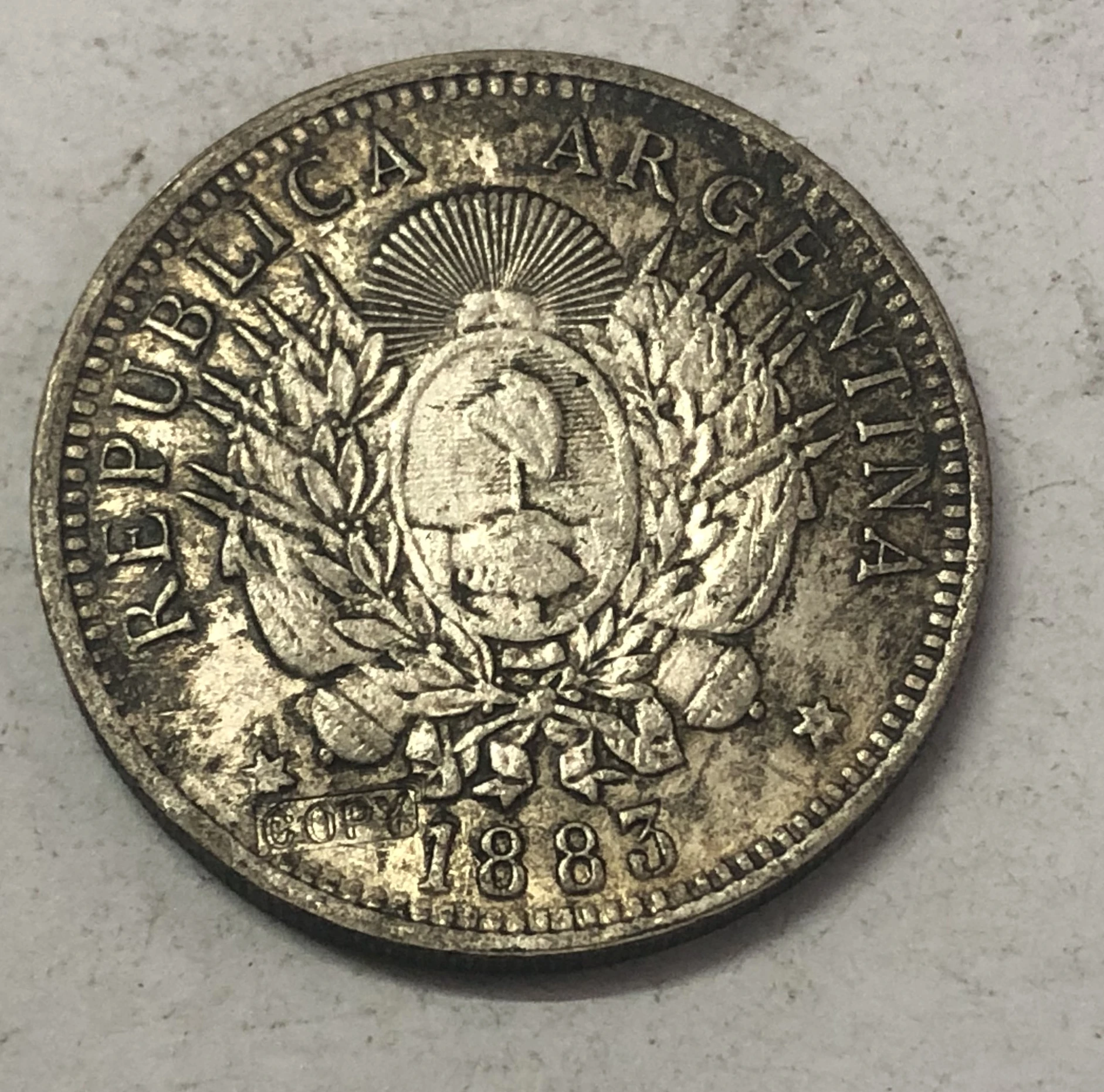 1883 Аргентина 50 Centavos Посеребренная точная копия отличной монеты|Безвалютные