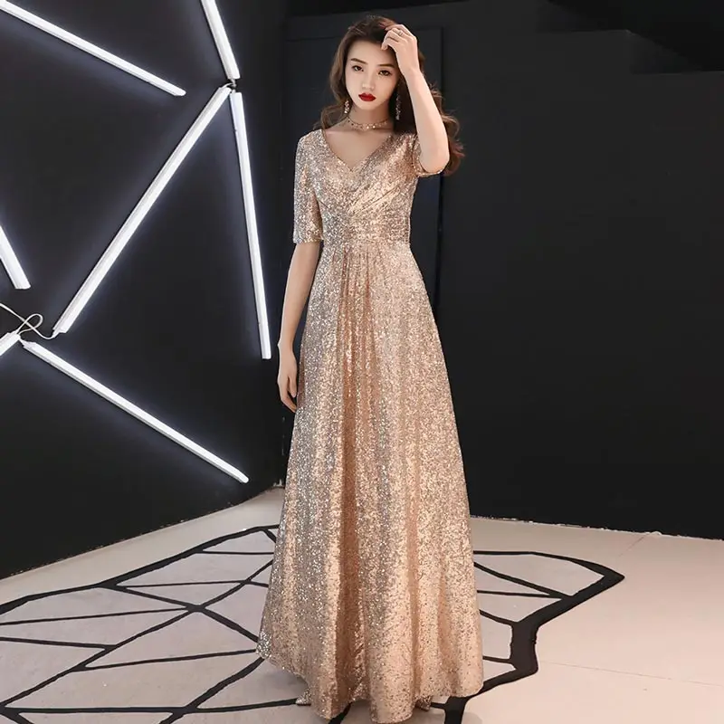 Женское вечернее платье с блестками FADISTEE длинное золотистое кружевное трапеция V