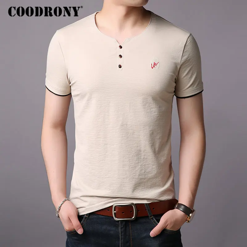 COODRONY, Мужская футболка с коротким рукавом, мужская летняя уличная одежда, повседневные мужские футболки, хлопковая Футболка с воротником, homme S95002 - Цвет: Хаки