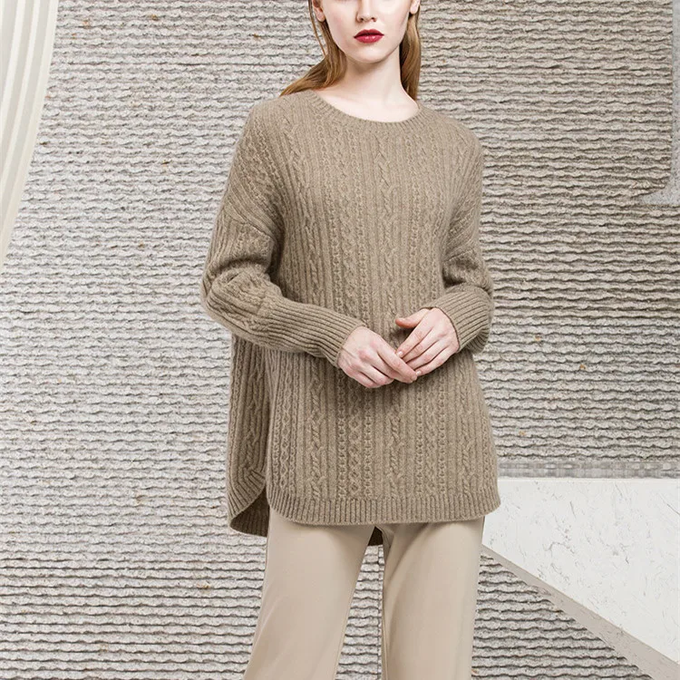 

Женский кашемировый свитер средней длины, плотный вязаный козий свитер с круглым вырезом, однотонный свободный H-прямой свитер, 100%