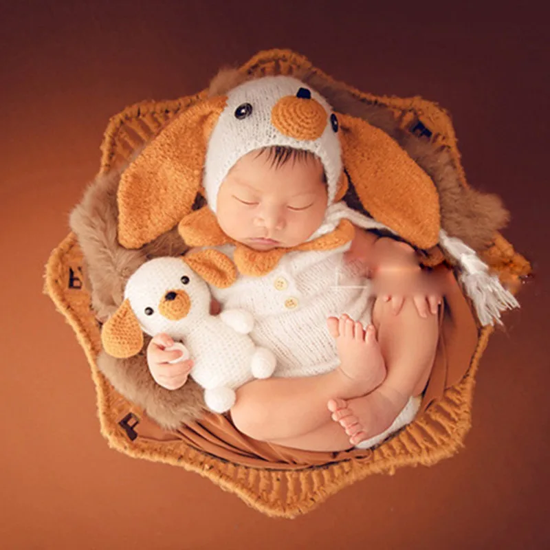 Crochet Knitting Animal Dog Cap +Costumes+Doll +Bones 4 pcs Set Newborn Baby Photography Props Studio Shoot Fotografia | Детская одежда