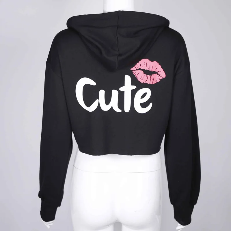Осенняя Новинка женские толстовки с капюшоном и принтом губ открытым пупком