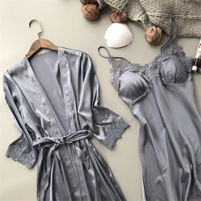 Сексуальный комплект из двух предметов, одежда для сна, Атласный халат, комплекты платьев, женская ночная одежда, халат, кимоно, ночная рубашка, голубой кружевной пеньюар H860