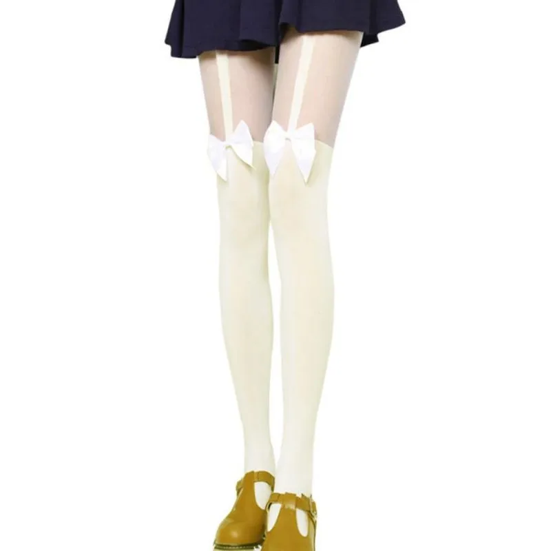 Женские сексуальные чулки Bas Collants, черные, белые, тонкие колгитки с бантом Колготки, тату, макет чулок, прозрачные чулки