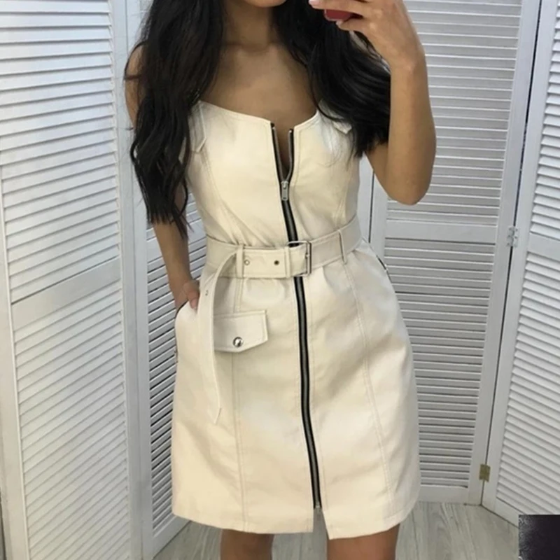 Женское винтажное платье из искусственной кожи Осеннее короткое на бретельках в