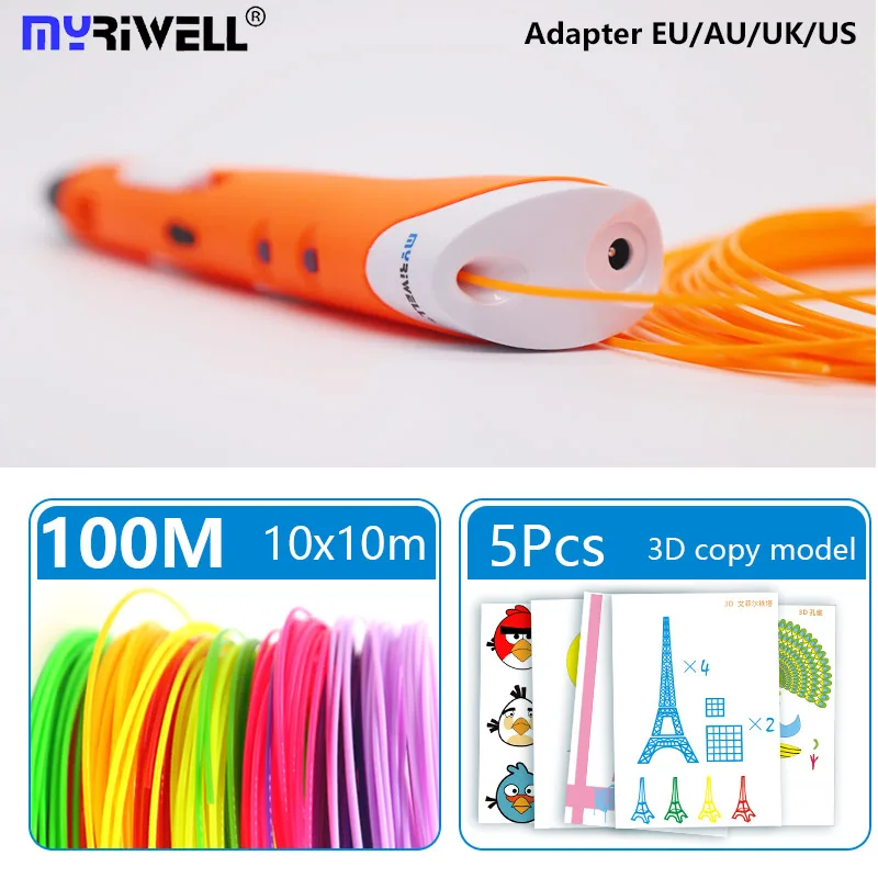 orange A100m Myriwell 3D Ручка pla 1,75 мм abs нить 3d печатная ручка 3 d Ручка diy кисть подарок на день рождения с бесплатной бумажной моделью 3d Ручка - Цвет: orange A100m