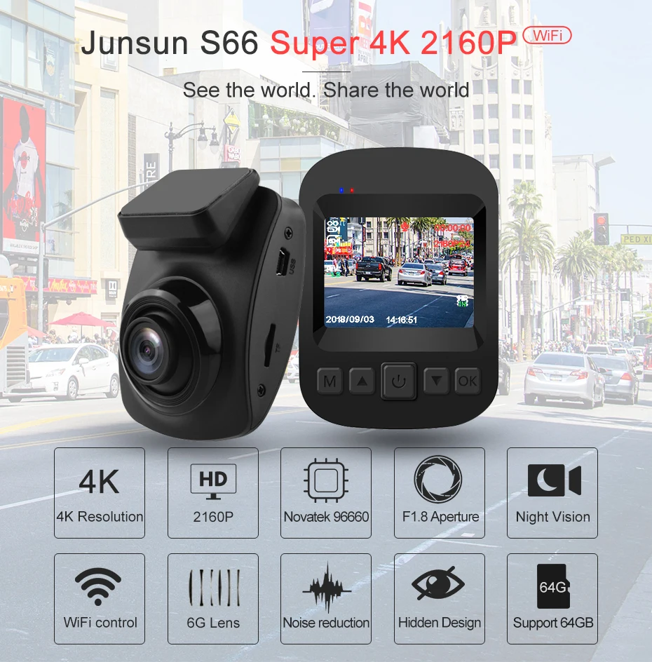 Junsun S66 автомобиля Камера видеорегистраторы 4 K 2160 P 60fps WI-FI Тип мини видеорегистратор ночного видения рекордео для видеорегистратора F1.8 HD 1080 P
