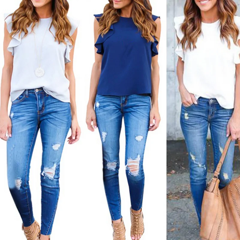 Блузка женская шифоновая без рукавов модная пикантная Однотонная рубашка с