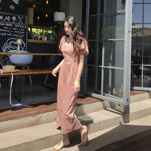 Женское клетчатое платье средней длины красное повседневное модное в стиле