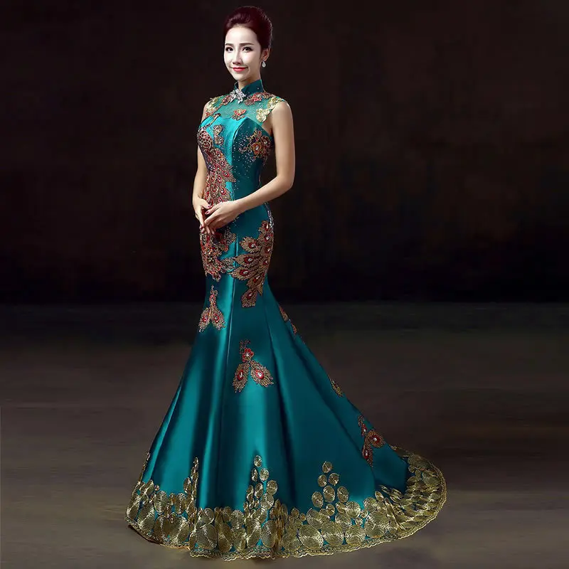 Зеленые роскошные вышитые вечерние платья чонсам китайское свадебное платье