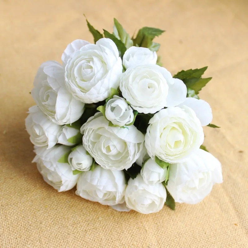 1 шт. яркий 10 голов букет роз ranunculus свадебный цветок невесты шелковые искусственные цветы вечерние подарок для дома - Цвет: white