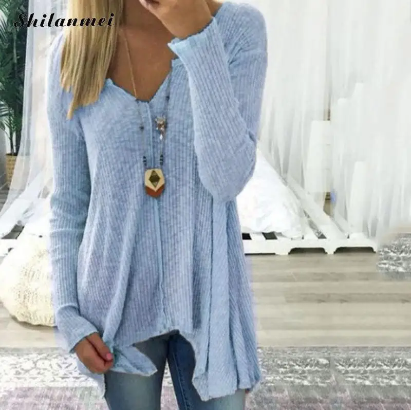 Women Long Sleeve Casual Solid V-Neck Sweater Irregular Hem Pullovers Tops Spring Autumn Plus Size Pull Femme 5XL 4XL | Женская одежда