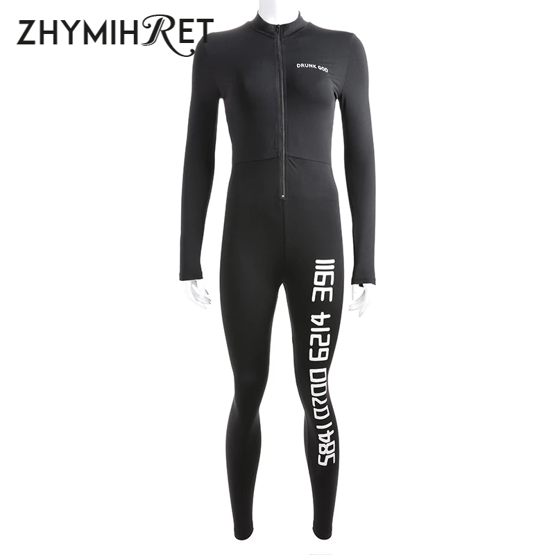 ZHYMIHRET Sexy V Neck Letter Print Black Jumpsuit Female Long Sleeve Zipper Front Skinny Overalls For Women Rompers |