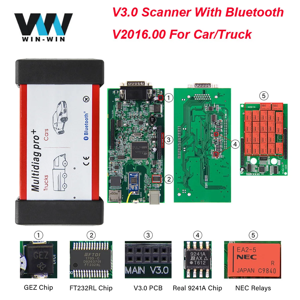 V3.0 печатная плата multidiag Pro+ NEC Реле WOW. R1 для автомобилей/грузовиков OBD OBD2 Bluetooth сканер CDP TCS автомобильный диагностический инструмент VCI