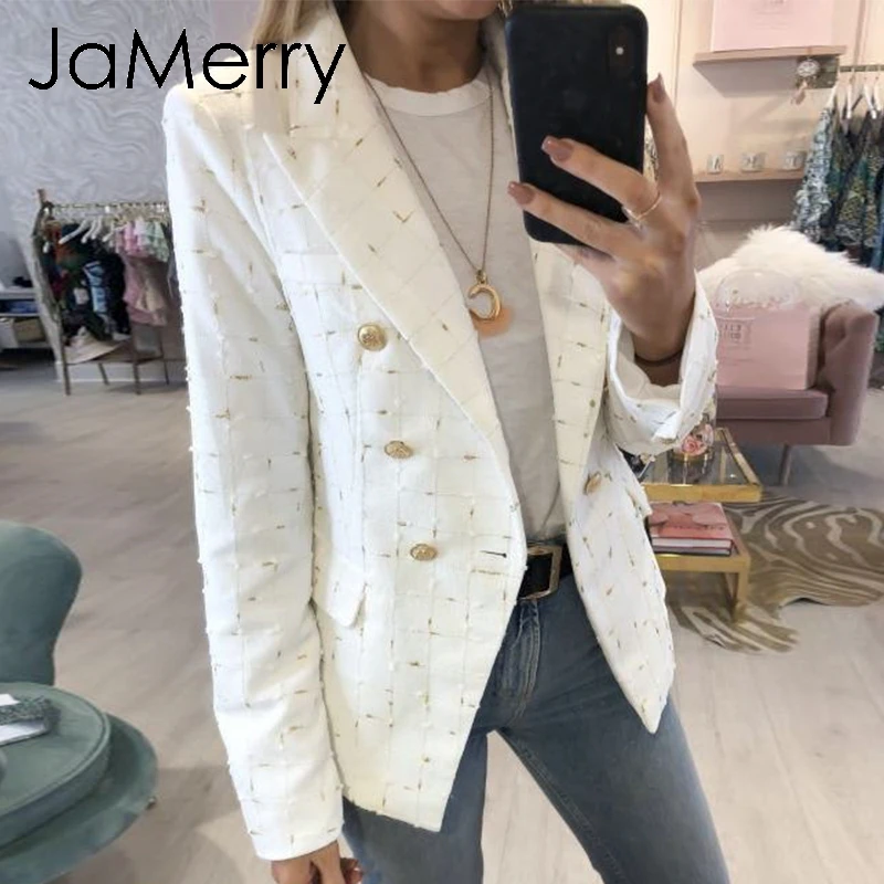 JaMerry винтажный шикарный белый в клетку Женский блейзер осенний двубортный для