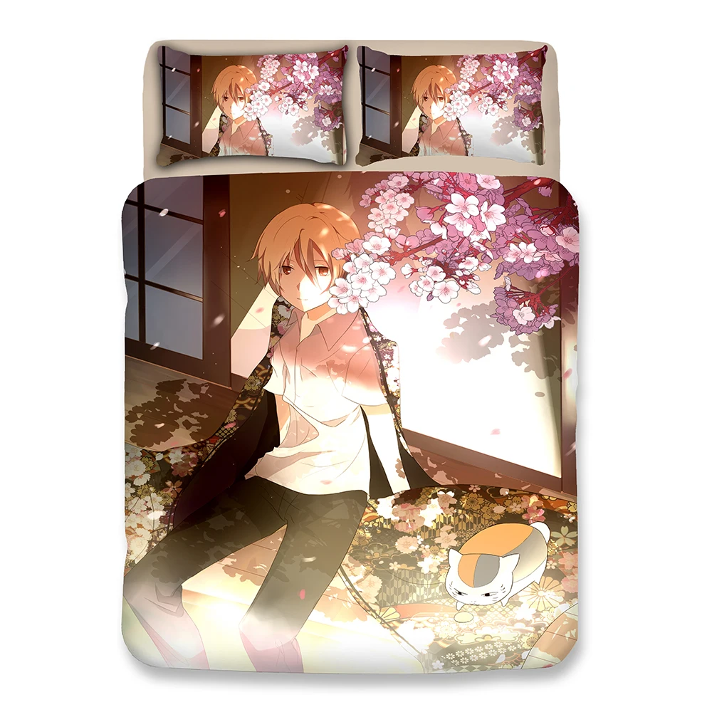 Japanese style bedding set Boy and cat flower picture Comic bedclothes quilt cover soft cute duvet comfortable pillowcases | Дом и сад