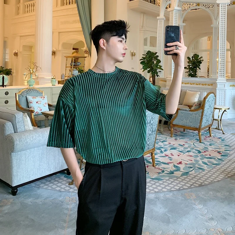 Male Streetwear Hip Hop Loose Casual Solid Tshirt Tees Shirts Men Summer Short Sleeve Velvet Striped T Shirt | Мужская одежда