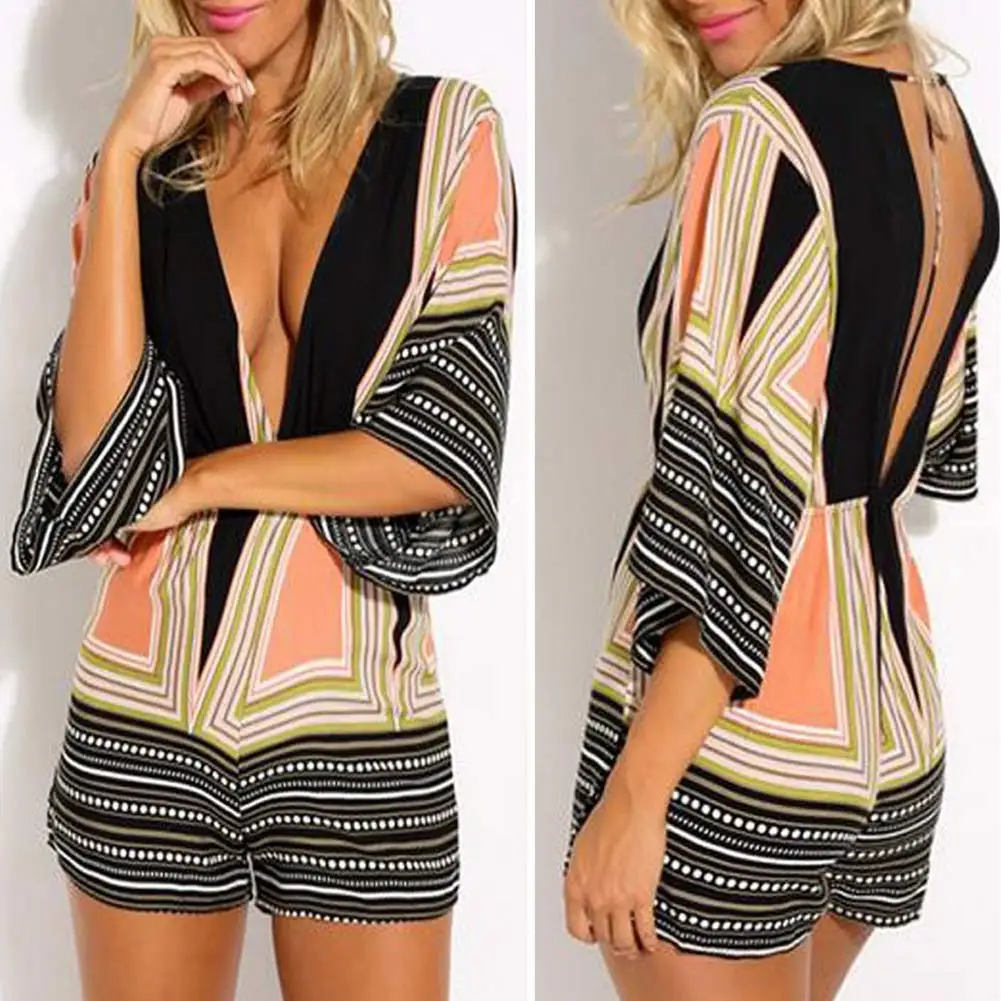 2018 Летний Пляжный сексуальный женский комбинезон с глубоким v образным вырезом и