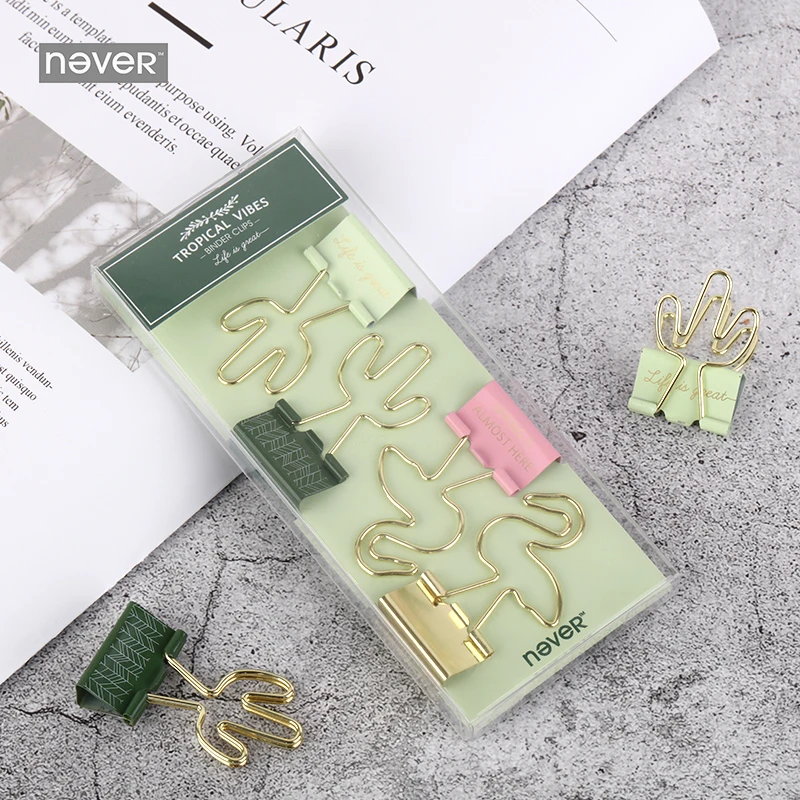 

4PCS NEVER Green Plant Series Binder Clip Flamingo Leaves Cactus