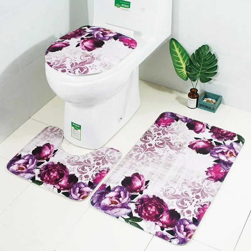 

3pcs/lot Flower Pattern Toilet Seat Cover Flannel Fabric Toilet Case Rose Printed Bathroom Door Non-slip Mat Home Decor
