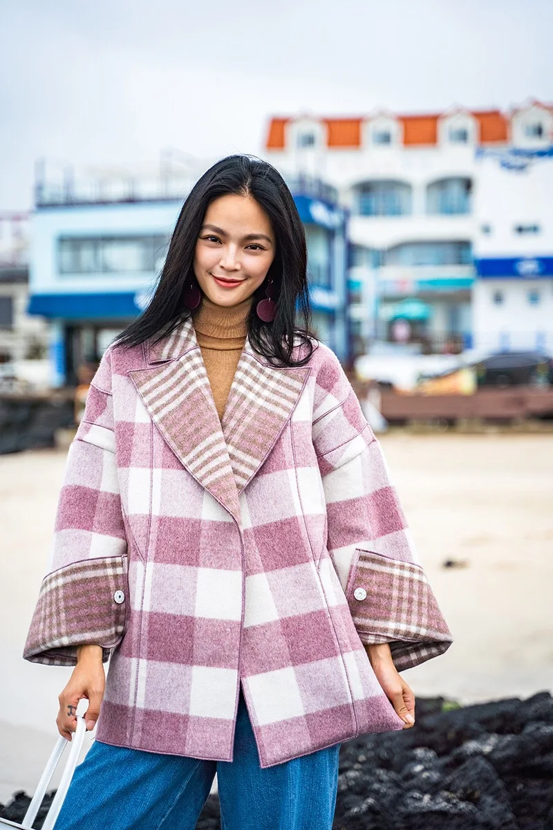 2018 Autumn Winter Original Design Gloria&ampGrace Pink Wool Vintage Plaid Print Oversize Loose Warm Coat Jacket Outerwear | Женская