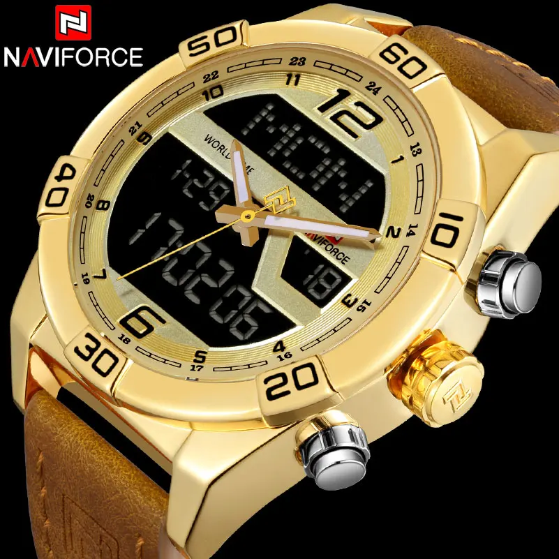 

NAVIFORCE Top Brand Men Military Sports Watches Man's Leather Quartz Watch Male Chronograph Waterproof LED Digital Wristwatches