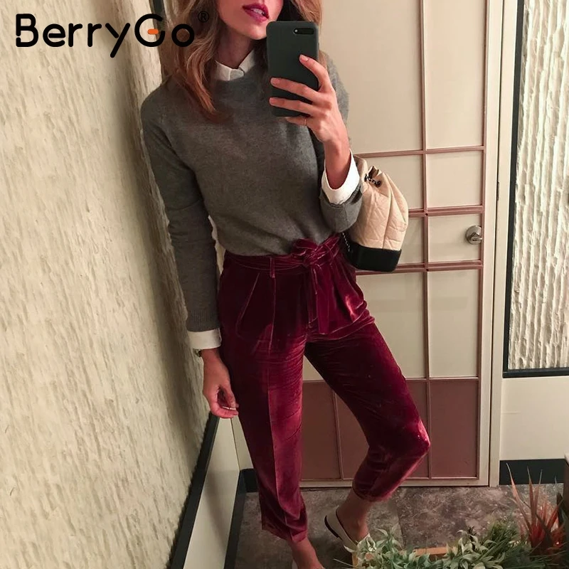 BerryGo элегантные бархатные шаровары женские нижние пояс с высокой талией осенние
