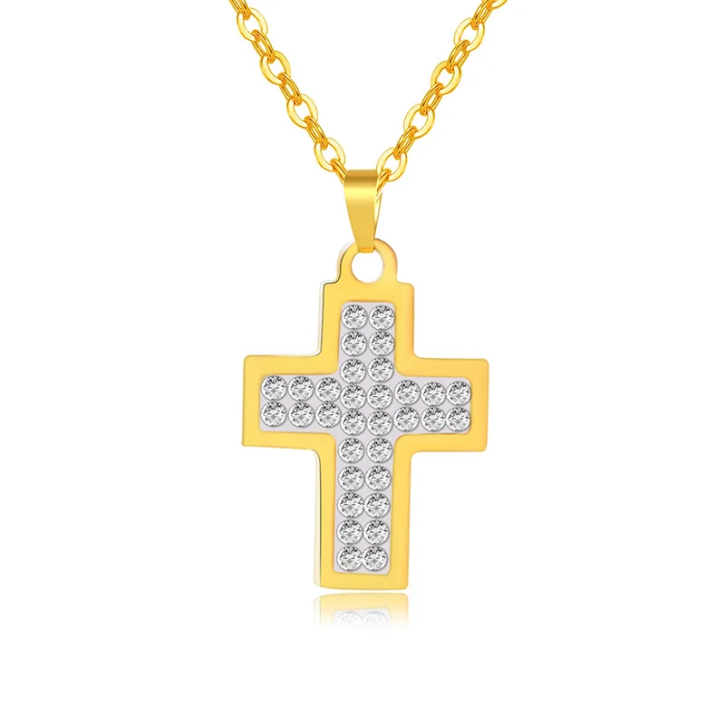 New Classic Gold Color Rhinestone Cross Pendant Necklace for Women/Girls Stainless Steel Charm Christmas Gift | Украшения и
