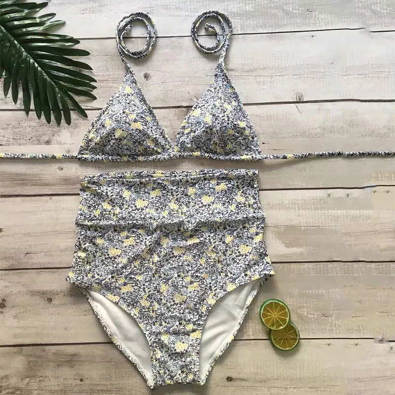 Цветочный принт комплект бикини Для женщин Высокая талия Холтер Двойка