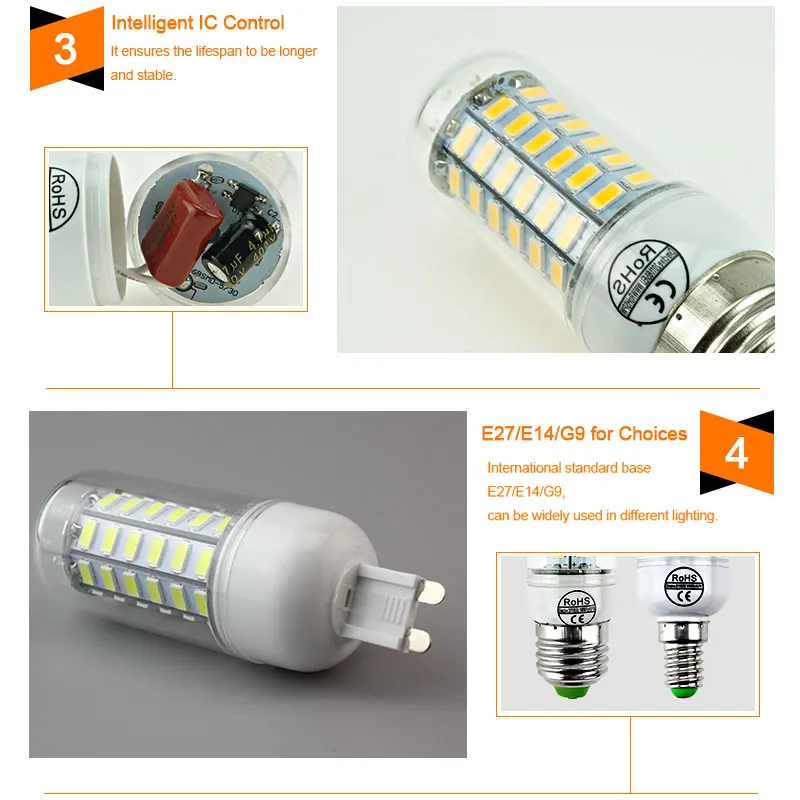 Светодиодная лампа E27 E14 G9 SMD 5730 110V LED Bulb 220V 24 36 48 56 69LED s Lampada led кукуруза для люстры