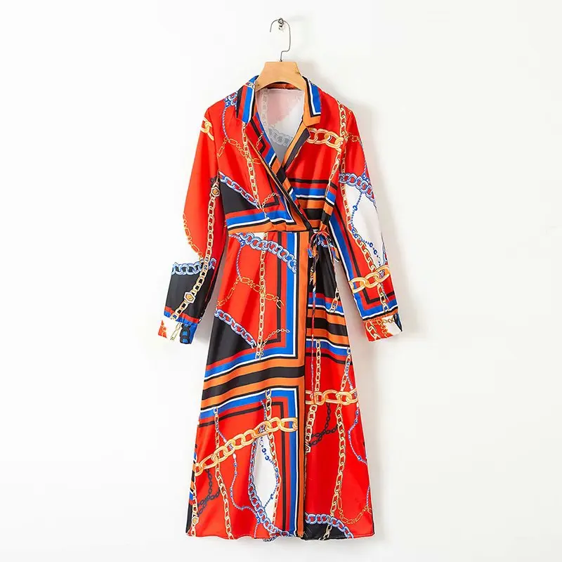 2019 New women vintage chain colorful striped print casual slim midi dress ladies chic red vestidos long sleeve dresses | Женская одежда