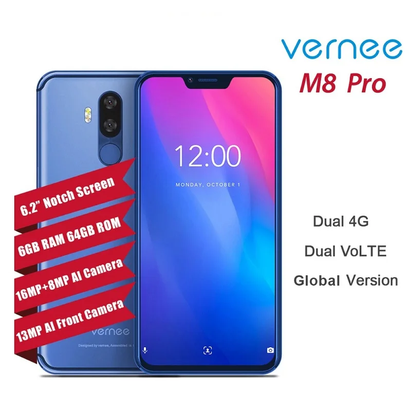 Мобильный телефон Vernee M8 Pro 6 2 дюйма ГБ ОЗУ 64 Гб ПЗУ Helio P60 4100 мАч 16 Мп + 8 Беспроводная